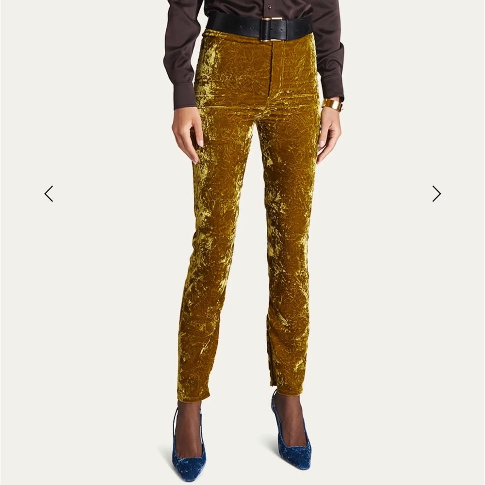 Saint Laurent Crushed Velvet Skinny-Leg Pants In Citrus - Women's Size French 38